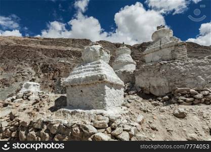 Chortens  Tibetan Buddhism stupas  in Himalayas. Nubra valley, Ladakh, India. Chortens Tibetan Buddhism stupas in Himalayas