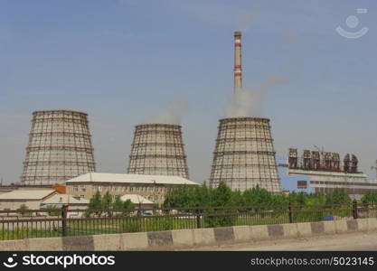 CHP Industrial landscape. View of the power station smoke comes from pipes.. CHP Industrial landscape. View of the power station smoke comes from pipes