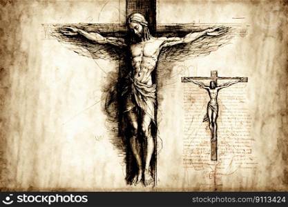 Christ on the cross drawing in style of Leonardo Da Vinci created by generative AI