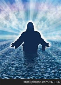 Christian baptism illustration with man silhouette with open arms in the sea