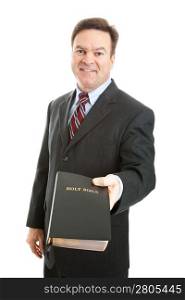 Christian businessman, minister, or missionary, holding a bible. Isolated on white.