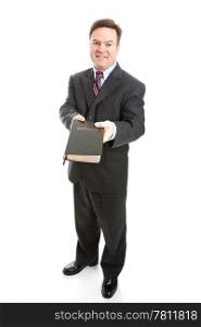 Christian businessman or Bible salesman spreading the word of God. Full body isolated on white.