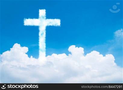 Christian cross cloud shape on blue sky background