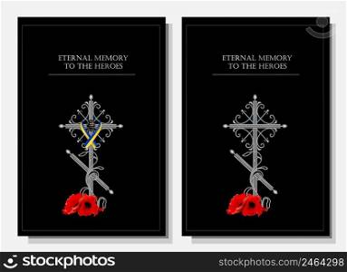 Christian cross. Memorial monument. Inscription in Ukrainian  eternal glory to the heroes. Support for Ukraine. Easter 2022. Mourning for the dead.. Christian cross. Memorial monument. Inscription in Ukrainian  eternal glory to the heroes. Support for Ukraine. Easter 2022. Mourning for the dead