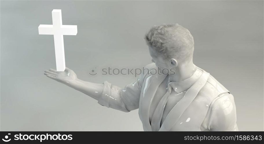 Christian Cross with Man Praying as a Concept. Christian Cross
