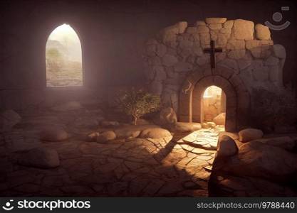 Christian Easter concept. Jesus Christ resurrection. Empty tomb of Jesus with light.. Ascension day concept, Christian Easter