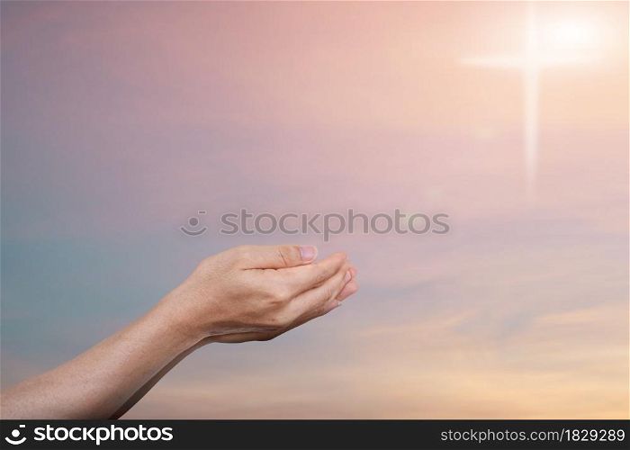 Christian hands open palm up worship. Concept of worship blessing from god.