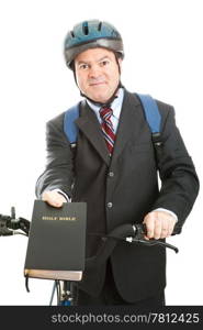 Christian missionary with his bible and bicycle. Isolated on white