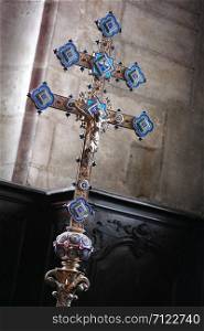 Christian processional cross with blue goldsmithery. Christian processional cross