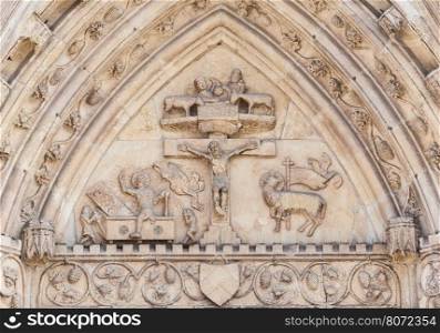 Christian relief(of the 14th century) on the facade of a church.&#xA;Represents the birth, Crucifixion and resurrection of Christ.