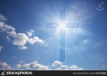Christian shining cross in blue skies. Symbol of faith and paradise. Conceptual collage.. Christian shining cross in blue skies