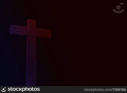 Christian wood cross futuristic neon light on blank background