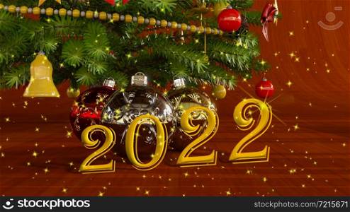 Christmas 2022 balls under Christmas tree - 3d rendering. Christmas 2022 balls under Christmas tree