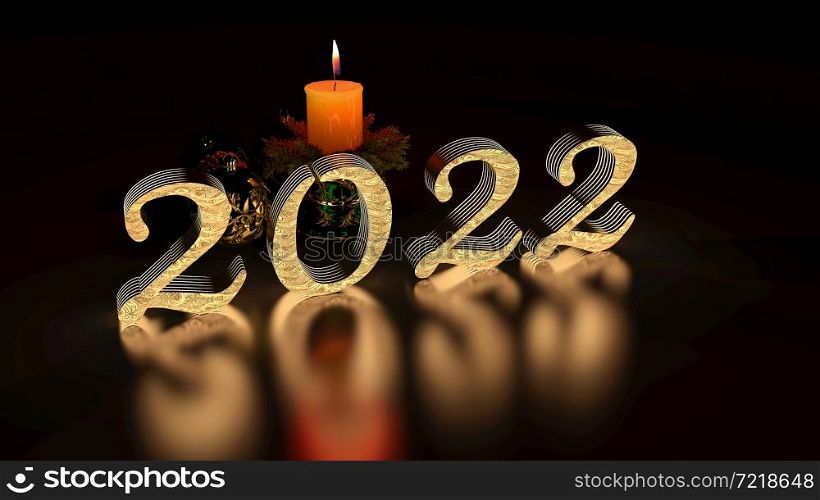 Christmas 2022 candle and ornaments over indoor dark background - 3d rendering. Christmas 2022 candle and ornaments over indoor dark background