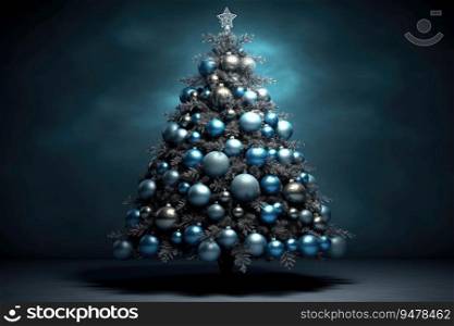 Christmas abstract tree decorated with blue balls. Generative AI
