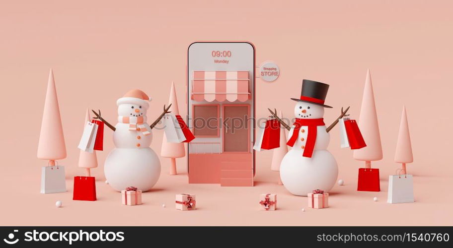 Christmas advertisement banner for web design, Snowman holding shopping bag shopping online on mobile application, 3d rendering