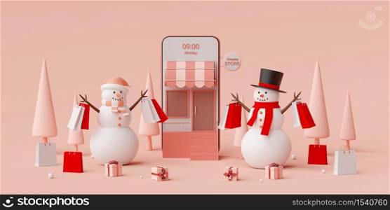 Christmas advertisement banner for web design, Snowman holding shopping bag shopping online on mobile application, 3d rendering