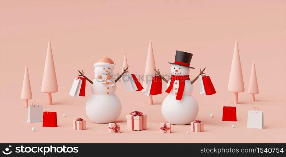 Christmas advertisement banner for web design, Snowman holding shopping bag with Christmas gifts, 3d rendering