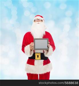 christmas, advertisement, technology, and people concept - man in costume of santa claus with tablet pc computer over blue lights background