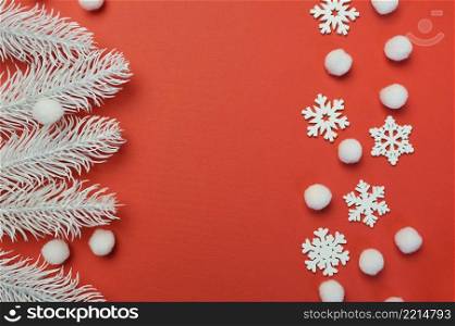 Christmas and Happy New Year greeting card with frame line of snowflakes and white branches on red backgroun. Xmas holiday postcard with place for your text.. Christmas and Happy New Year greeting card with frame line of snowflakes and white branches on red backgroun. Xmas holiday postcard with place for your text