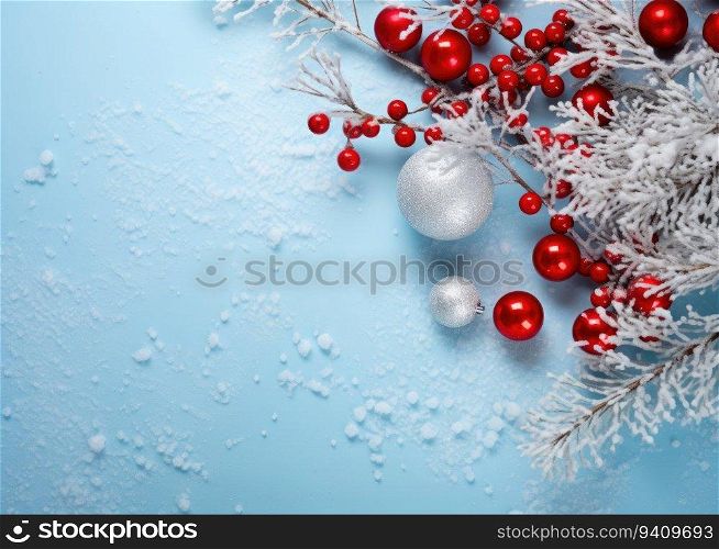 Christmas and New Year background with fir branches, red balls and snowflakes