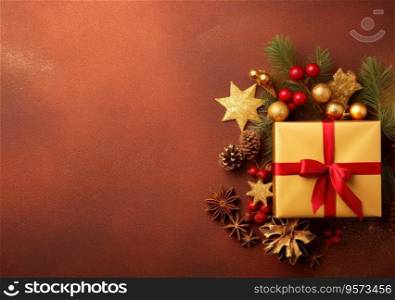 Christmas and new year border with fir branches and decoration ornaments elements on golden background. Realistic 3d design. Bright Christmas and New Year background light garlands, gold confetti.
