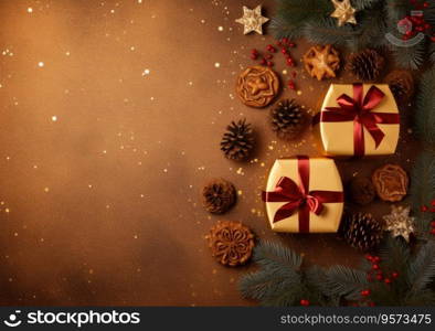 Christmas and new year border with fir branches and decoration ornaments elements on golden background. Realistic 3d design. Bright Christmas and New Year background light garlands, gold confetti.