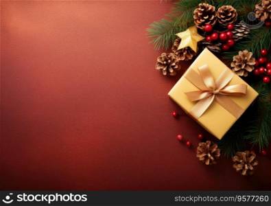 Christmas and new year border with fir branches and decoration ornaments elements on golden background. Realistic 3d design. Bright Christmas and New Year background light garlands, gold confetti.