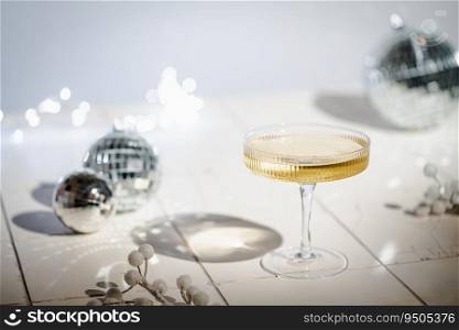 Christmas and New Year celebration with ch&agne. New Year holiday decorated table. Festive New Year ch&agne and silver baubles. Close up. Christmas greeting card with copy space.. Festive New Year ch&agne