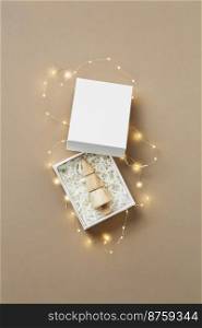 Christmas and New year concept. Miniature Christmas tree in a box minimalistic trendy composition. Eco Christmas decor