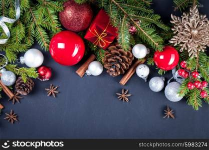 Christmas and new year decoration on black wooden background
