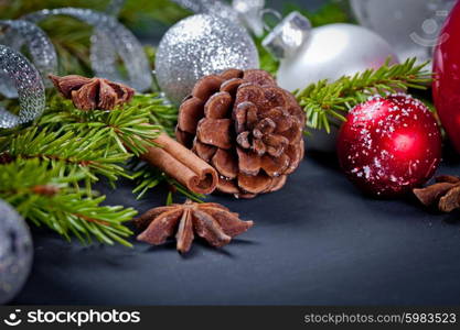 Christmas and new year decoration on black wooden background