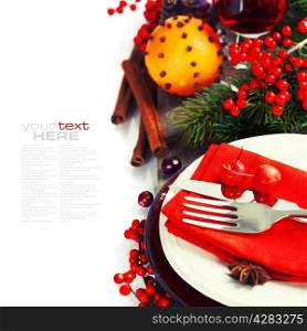 Christmas And New Year Holiday Table Setting with mulled wine and spices