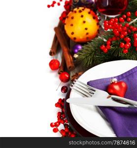 Christmas And New Year Holiday Table Setting with mulled wine and spices