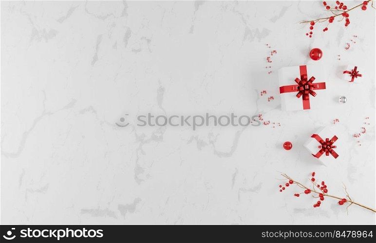 Christmas and New Year holiday white marble background mockup. New Year decoration flat lay. Christmas greeting card. White and red present boxes and christmas ornaments. Christmas celebration concept
