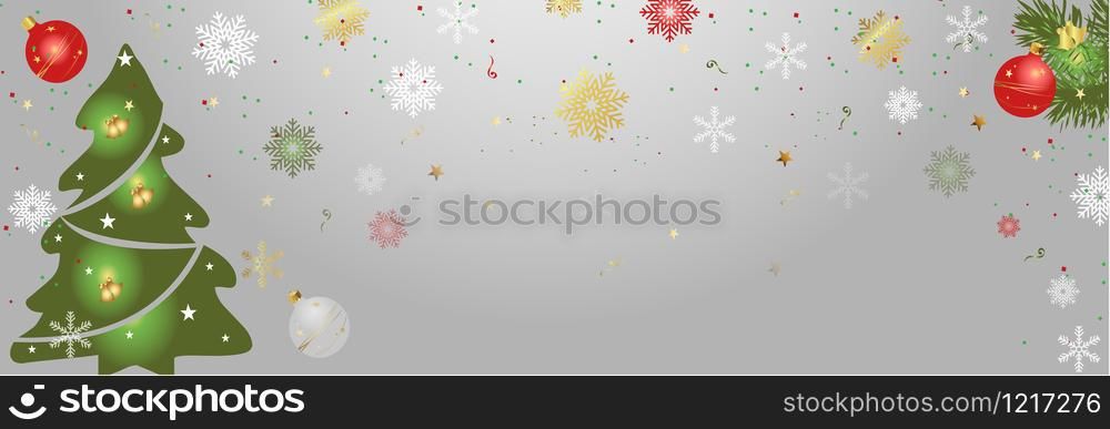Christmas and New Year horizontal banner. Christmas tree Festive background snowflakes and sparkling light garlands. Vector illustration with Christmas balls.