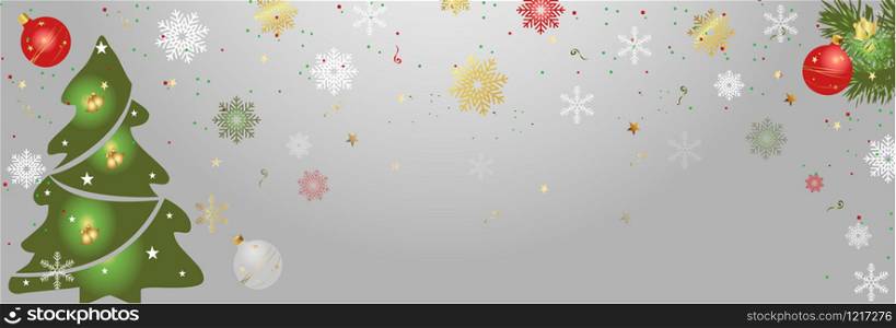 Christmas and New Year horizontal banner. Christmas tree Festive background snowflakes and sparkling light garlands. Vector illustration with Christmas balls.