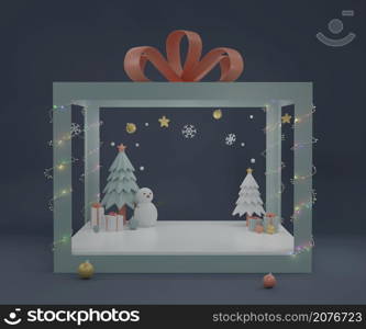 Christmas and new year party celebration event in huge present gift box as product presentation showcase stage for brand advertising 3D rendering illustration