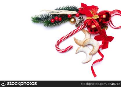 Christmas and New Year symbols and attributes of winter holidays - candy, cookies, pine cone. High quality photo. Christmas and New Year symbols and attributes of winter holidays - candy, cookies, pine cone