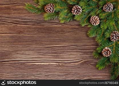 Christmas and New Year tree with fir-cone on white wooden background. Christmas and New Year background