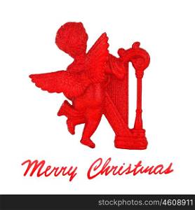 Christmas angel, red christmas tree decoration, little red cherub with harp isolated on white background, festive greeting card with text space, Merry Christmas