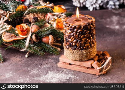 Christmas aromatic eco wreath with dry orange and anise stard, decorated tangerine peel roses. Christmas aromatic eco wreath