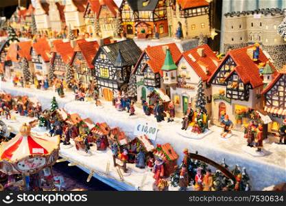 Christmas autrian market kiosk details - coloful traditional austrian houses. Christmas market kiosk details