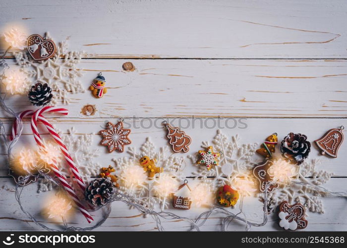 Christmas background and christmas decoration presents concept, top view with copy space.