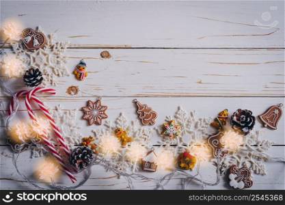 Christmas background and christmas decoration presents concept, top view with copy space.