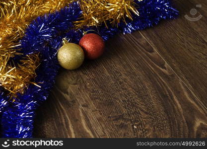 Christmas background. Background Christmas image with decoration balls and tinsel. Place for text