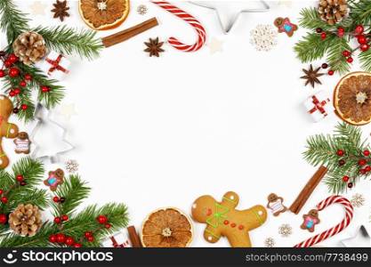 Christmas background border frame of decorations and sweets isolated on white. Christmas frame of decor and sweets