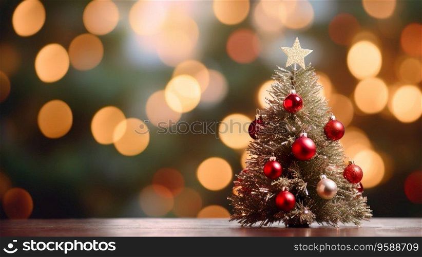 Christmas background. Christmas tree wth balls and blurred shiny lights