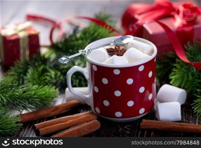 christmas background, cocoa drink with marshmallow