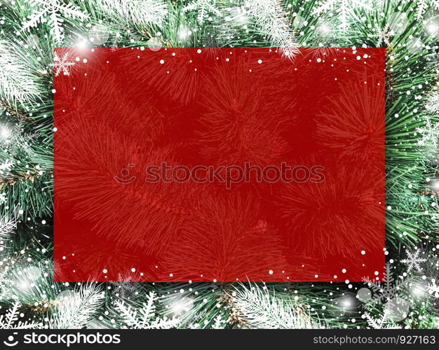 Christmas background design of blank red board on xmas tree with snow and snowflake